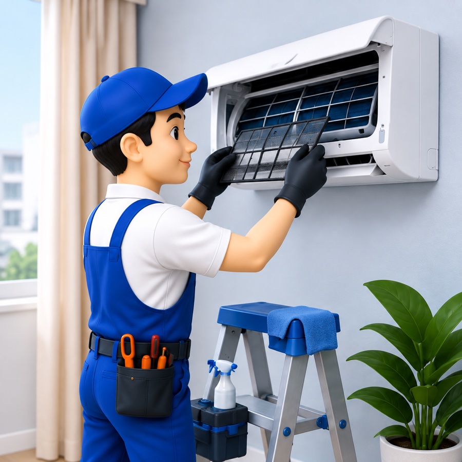 A technician servicing a wall-mounted aircon unit