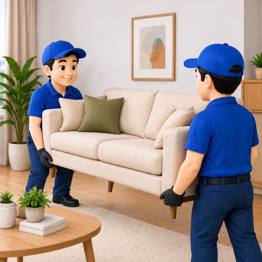 Two movers carrying a sofa into a living room