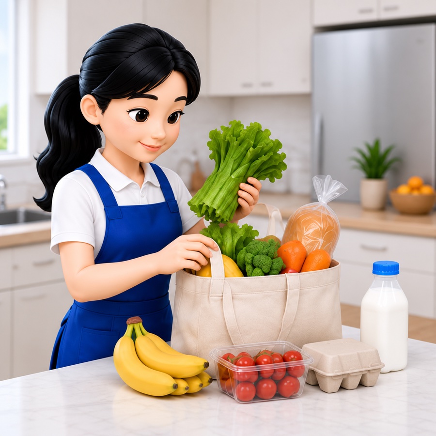 A shopper packing fresh produce into a grocery bag